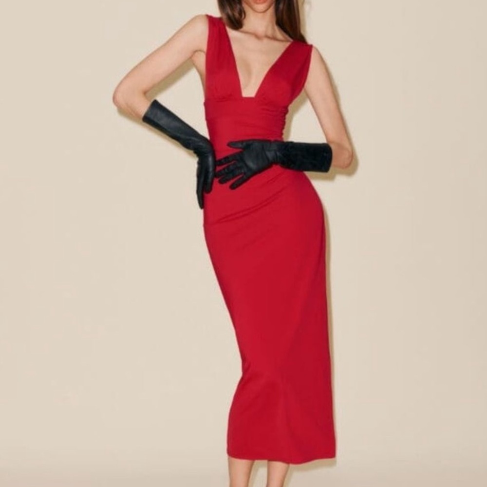 Reformation Red Midi Dress with Deep V